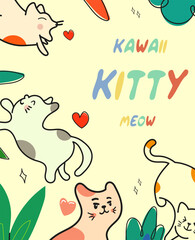 Kawaii Cats vector illustration  Smiling Kitty, cute and round-faced cat