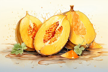 Cantaloupe fruit watercolor painting