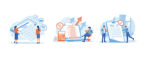 Tax payment deadline. Calculating income and checking tax virtual documents. Tax payment preparation. Tax Audit concept. Set flat vector illustration.