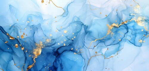 Abstract watercolor or alcohol ink art blue white background with golden crackers. Pastel blue marble drawing effect