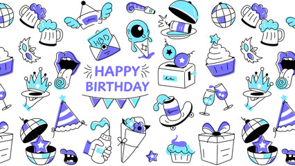 Seamless doodle pattern with happy birthday props, food items, decorative elements, wrapped gifts, and party poppers