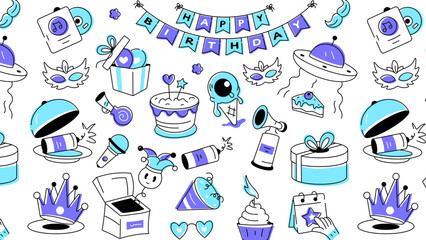 Seamless doodle pattern with happy birthday props, food items, decorative elements, wrapped gifts, and party poppers