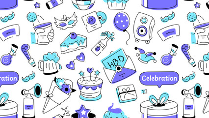 Seamless doodle pattern with happy birthday props, food items, decorative elements, wrapped gifts, and party poppers