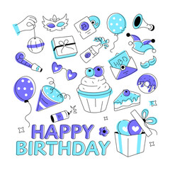 Birthday vector in doodle style with celebration elements, food items, and firecrackers