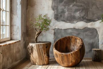 Fototapeta premium A room featuring a potted plant and two wooden stools