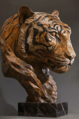 A realistic sculpture depicting the head of a tiger.