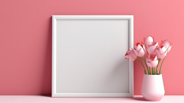 valentine concept. blank photo frame mockup on pink wall with flowers