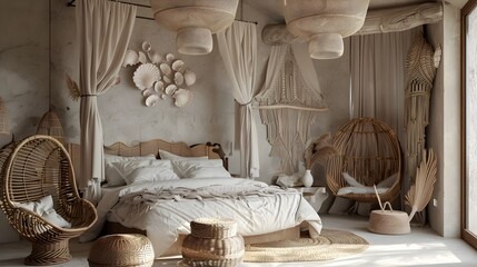 Bohemian Seashell adorned Bedroom with Wicker Furniture and Soft Lighting