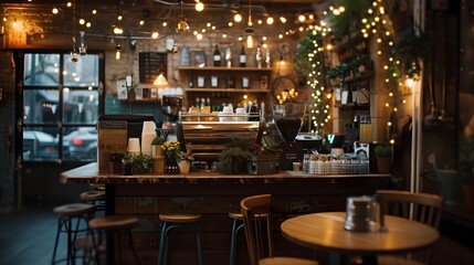 Fototapeta na wymiar Coffee Shop Retreat Rustic Bar Table in Inviting Vintage Decor Espresso Haven