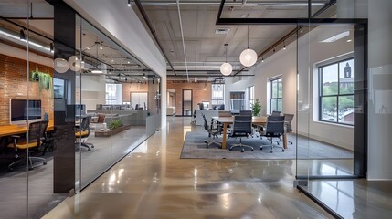 Collaborative Open Office Space Fostering Productivity and Innovation in a Modern North East City - obrazy, fototapety, plakaty