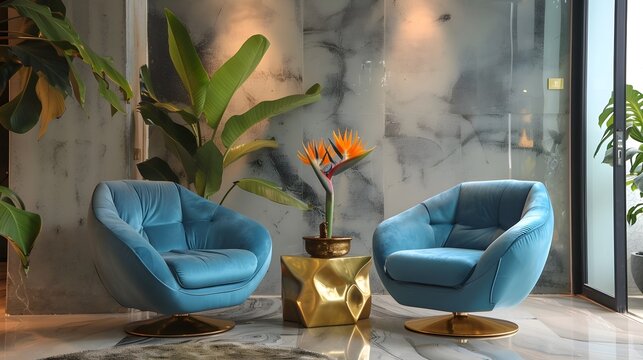 Blue Velvet Swivel Chairs with Bird of Paradise on Marble Floor in Modern Office Waiting Area