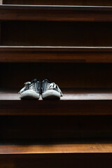 a pair of canvas shoes on a wooden shelf