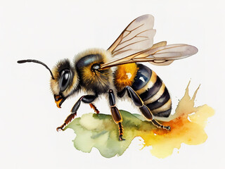 Illustration of a bee on a white background with a watercolor splash