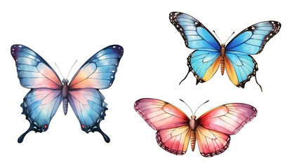 Watercolor butterflies set, isolated on white background. Hand drawn illustration.