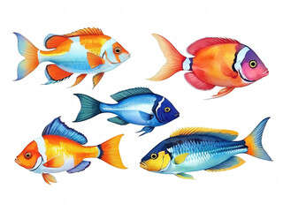 Naklejka premium Set of colorful fishes isolated on white background. Vector watercolor illustration.