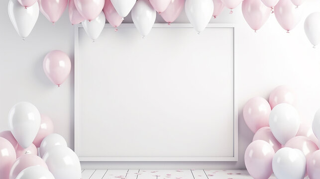 frame poster blank mockup with white and pink balloons on the white room. party decoration concept