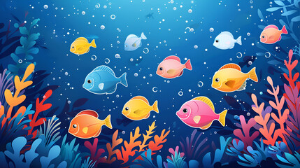 Fototapeta na wymiar School of fish swimming under water of sea. generative ai 