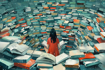 girl reading among books