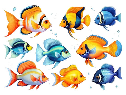 Set of tropical fishes isolated on white background. Watercolor vector illustration.