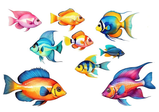 Set of colorful fishes isolated on white background. Vector illustration for your design