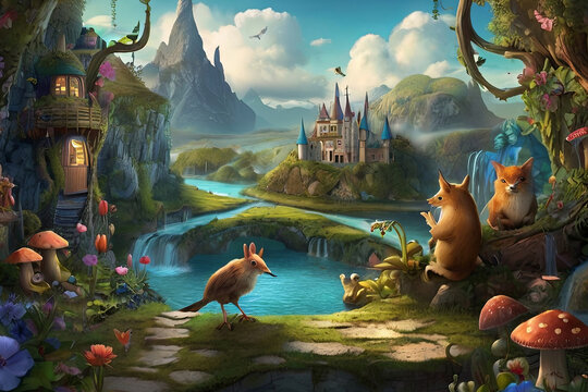 Whimsical fantasy world desktop wallpaper. Enchanting creatures, magical landscapes. Artistic and surreal imagery
