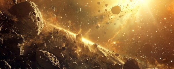 An asteroid belt with a navigated pathway for spaceships, bathed in a celestial glow - obrazy, fototapety, plakaty