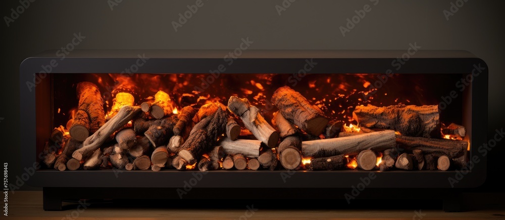 Sticker entertainment is provided by a fireplace filled with logs sitting on a wooden table, creating a warm