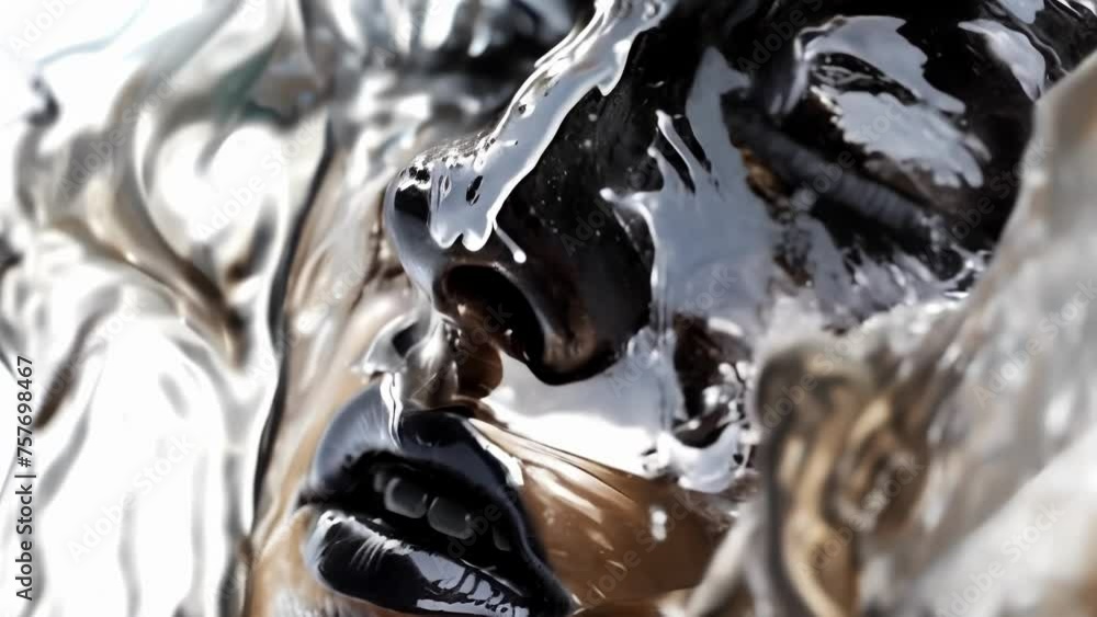 Poster a closeup of a halfsubmerged face in a pool of ferrofluid the metallic liquid seemingly pulling the 