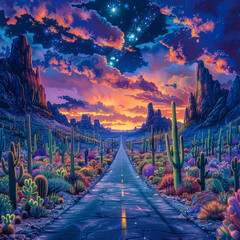 Surreal desert landscape at twilight with a starry sky, vibrant cacti, and a glowing path
