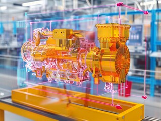 Transparent digital twin simulation of yellow industrial machinery with precision details in manufacturing unit