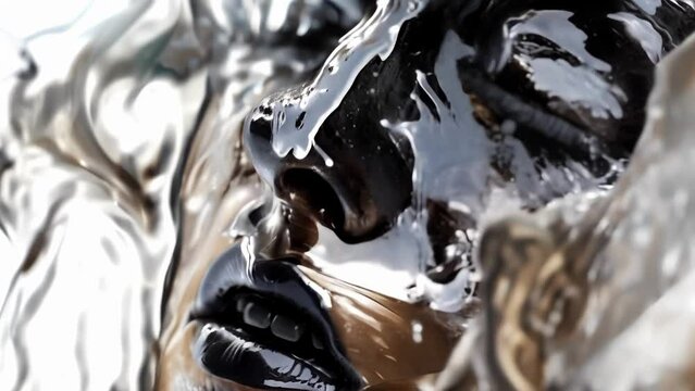 A closeup of a halfsubmerged face in a pool of ferrofluid the metallic liquid seemingly pulling the features apart and creating a sense of discomfort and disorientation.