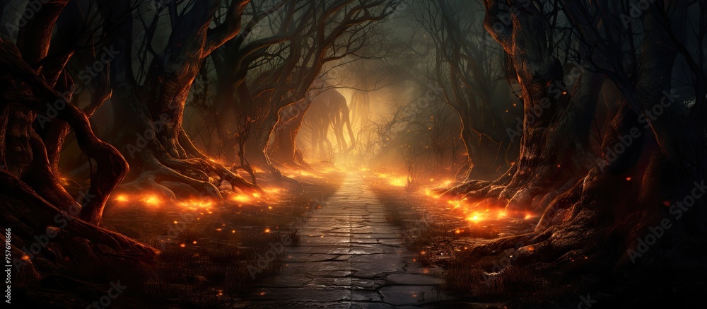 Aufkleber a dark forest with tall trees and candles scattered on the ground. the natural landscape is illumina