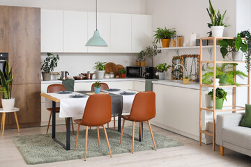Interior of modern kitchen with green plants, dining table and counters