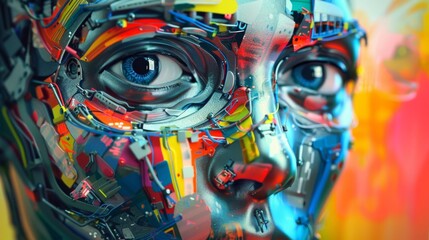 Complex robotic face artwork with intricate details and a kaleidoscope of colors, tech meets art.