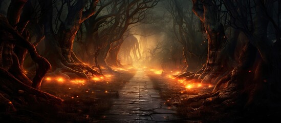 A dark forest with tall trees and candles scattered on the ground. The natural landscape is illuminated by the flickering light, creating a mysterious and enchanting atmosphere during the event