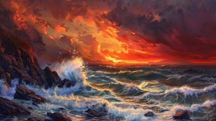 Dramatic Sunset Seascape with Crashing Waves Stock Image