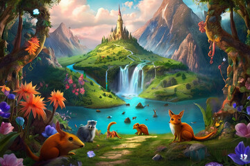 Whimsical fantasy world desktop wallpaper. Enchanting creatures, magical landscapes. Artistic and surreal imagery
 - obrazy, fototapety, plakaty