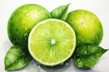 Lime fruit watercolor painting - obrazy, fototapety, plakaty