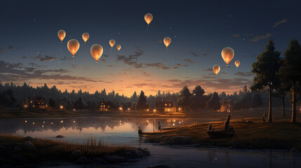  A serene evening with beautiful scene with yellowish balloons 