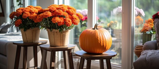 An orange pumpkin is placed on a stool beside a vase of flowers, with colorful petals peeking out. The scene is brightened by the houseplant in the window - Powered by Adobe