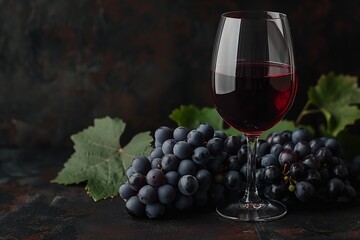 Elegant glass of red wine with a cluster of dark grapes on vintage background, concept of viticulture and enology