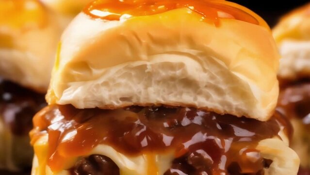 Pictureperfect sliders from a gourmet burger truck, featuring juicy, handformed mini patties sandwiched between a fluffy brioche bun, accompanied by a medley of caramelized onions, melted