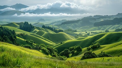 Pastoral rural landscape with lush green rolling hills and catte crasing on the slopes on a sunny autum day - obrazy, fototapety, plakaty