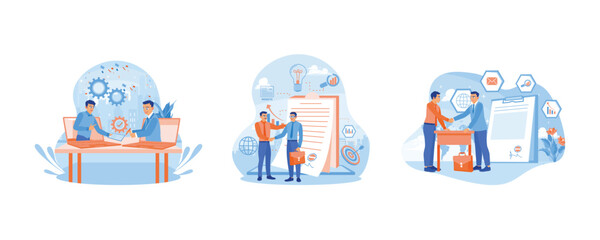 Business people signed contract documents online. Shaking hands after signing a contract. Making a mutual agreement. Contract agreement concept. Set flat vector illustration.