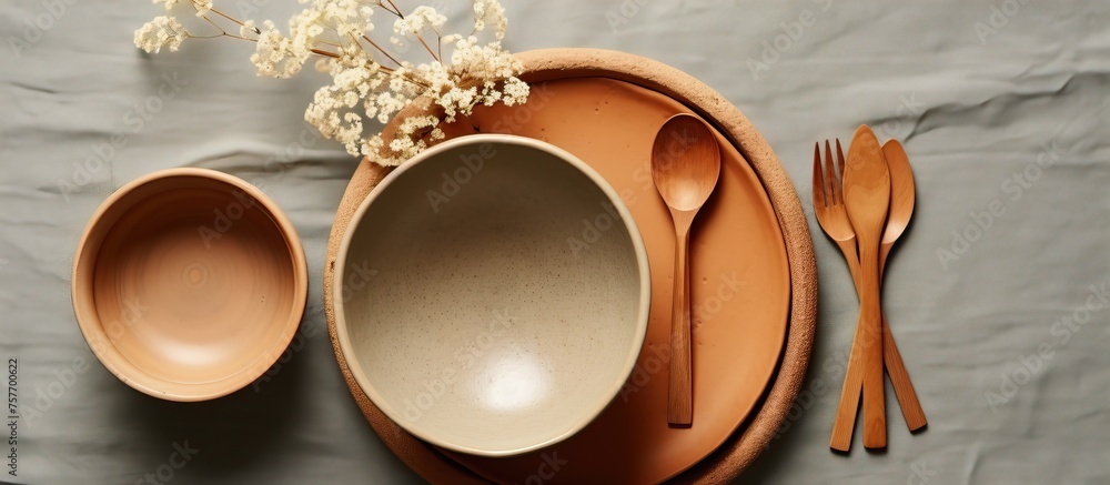 Poster the table setting includes serveware such as bowls and plates, along with spoons, forks and knives. 