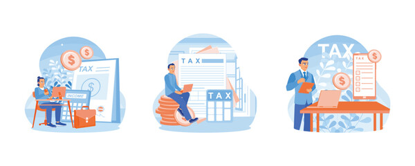 Accountants prepare tax documents. Calculate and check company taxes using a laptop. Businessman filling out tax form online. Tax Audit concept. Set flat vector illustration.
