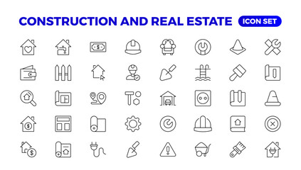 Real Estate and Construction line icons set. Real Estate outline icons collection. Purchase and sale of housing, builder, crane, rental of premises, insurance, realty, measure, tool. Thin line icon.