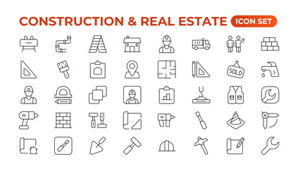 Real Estate and Construction line icons set. Real Estate outline icons collection. Purchase and sale of housing, builder, crane, rental of premises, insurance, realty, measure, tool. Thin line icon.