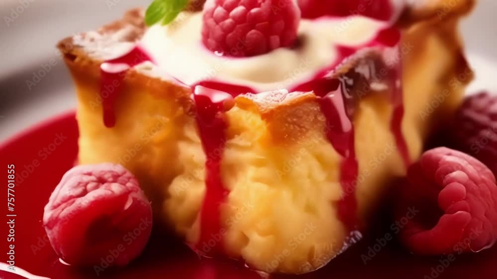 Poster capture the artistry of a raspberryfilled bread pudding in a visually captivating shot. the goldenbr