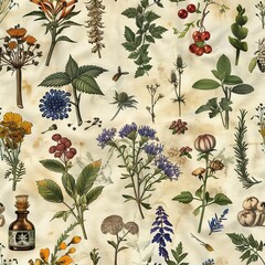 Herbal Medicine: Wraps featuring traditional herbs and plants used in natural remedies. For Seamless Pattern, Fabric Pattern, Tumbler Wrap, Mug Wrap. - obrazy, fototapety, plakaty